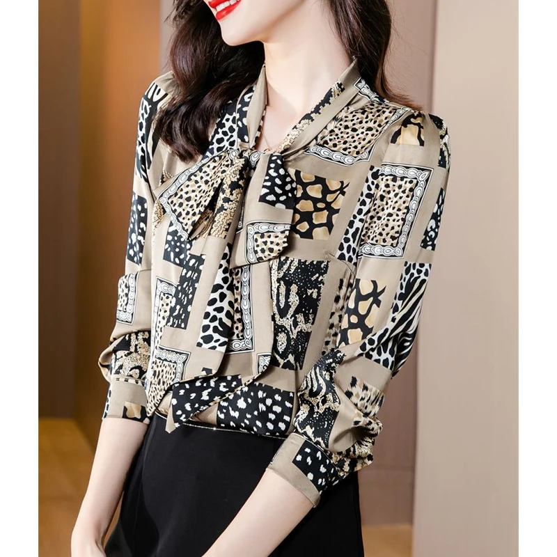 Fashion Leopard Printed Bow Lace Up Elegant Chic Office Lady Button Up Shirts Casual Long Sleeve Commute Top Blouse Women Blusas