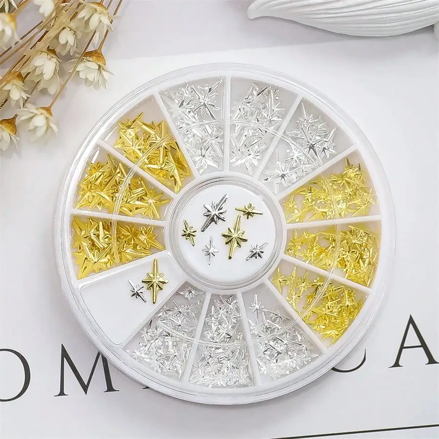 1 ボックス混合 2 サイズゴールドシルバースターライトメタリックネイルアート装飾 Metel 銅宝石 DIY サロンチャームネイル宝石ネイル用品