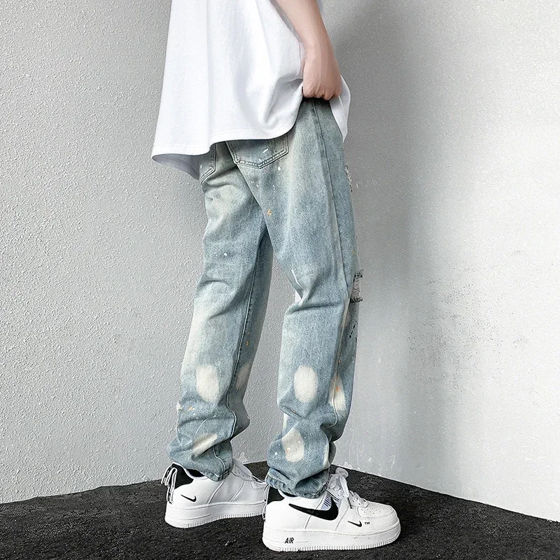 2024 New Splashing ink Ripped Baggy Jeans For Men Hip Hop Fashion Graffiti Holed Straight-leg Denim Trousers Y2k Streetwear Jean