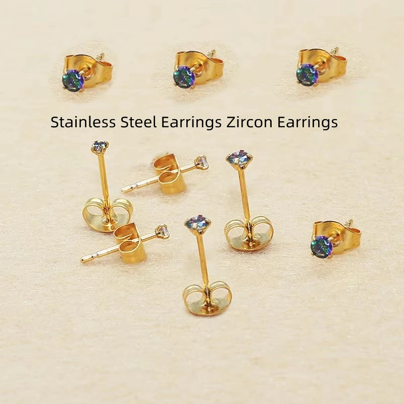 

Stainless Steel Earrings Zircon Earrings AAA Push Back Minimalist Hypoallergenic Jewelry Thin Needle 0.8mm