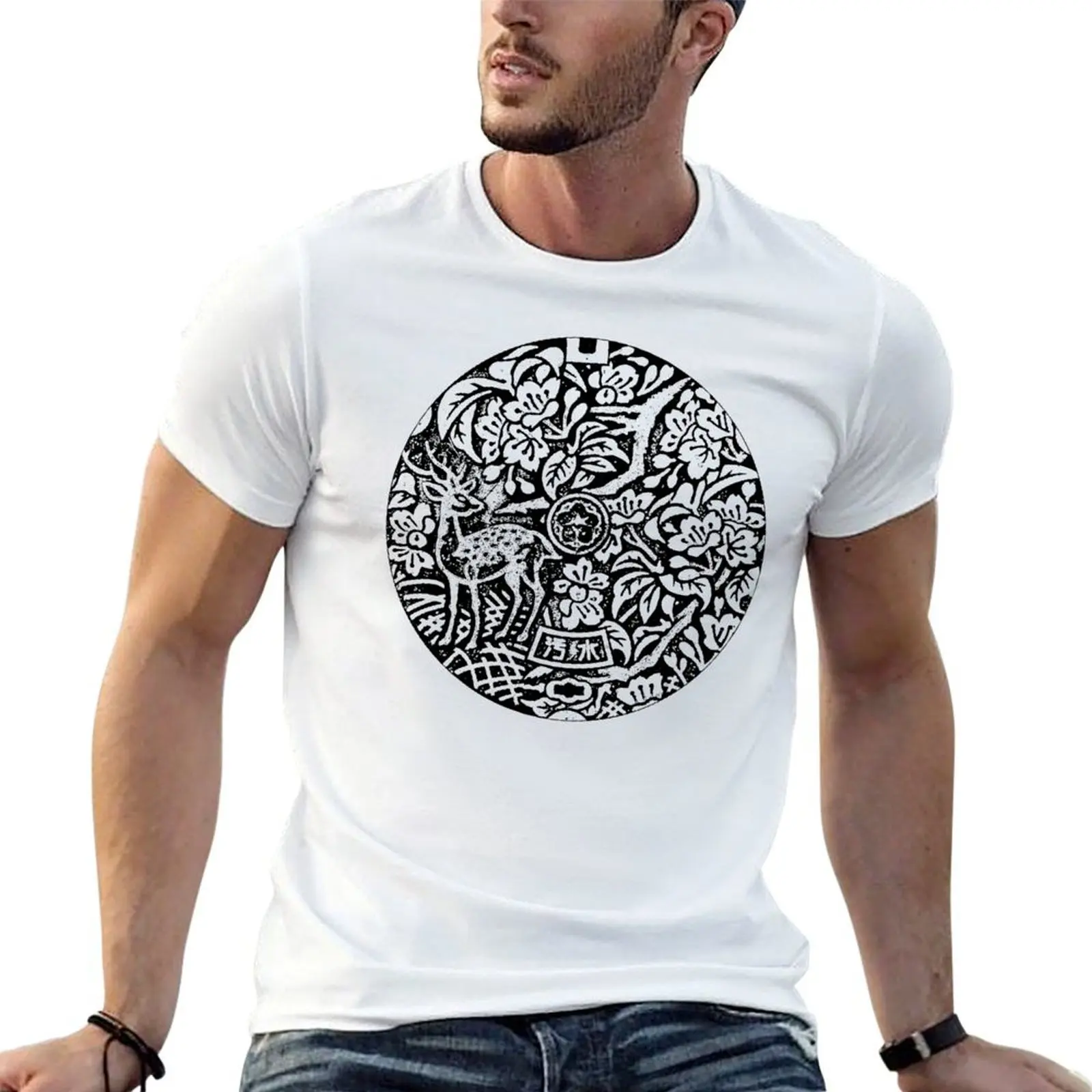 Camiseta Manhole Street Cover Nara Japan con ciervo, camiseta para hombre, camisetas divertidas de algodón para hombre, camiseta para hombre