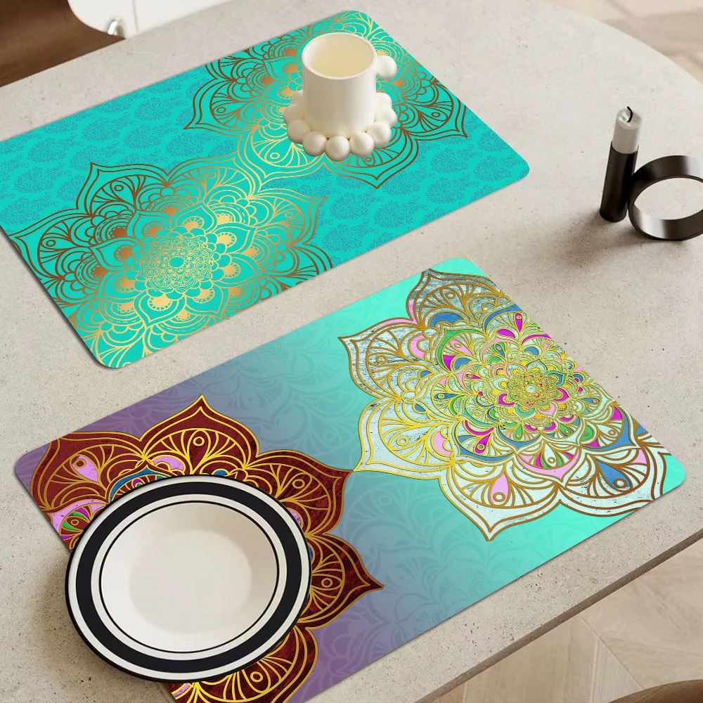 

Mandala Printed Dish Drying Mat Super Absorbent Coffee Drain Pad Tableware Quick Dry Rug Kitchen Dinnerware Placemat