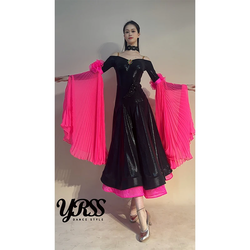 2026 Ballroom Dance Costume Waltz Dance Competition Dress Women Neon Pink Green Flower Sleeves Glossy Black Dress Tango BL20157