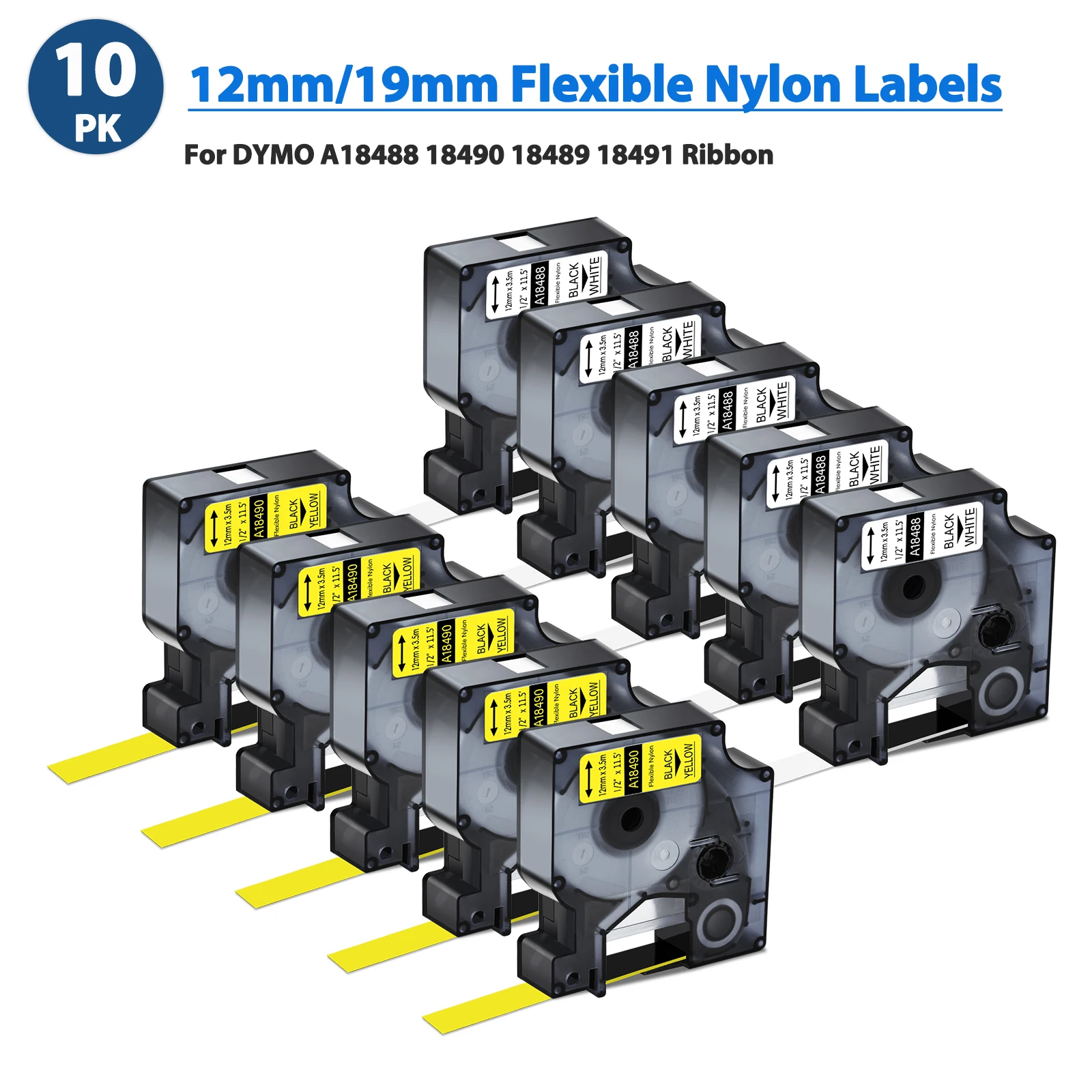 

3-10PK 12mm/19mm Flexible Nylon Labels Compatible for Dymo A18488 A18490 Industry Label Tape For DYMO Rhino 4200 5000 Printer