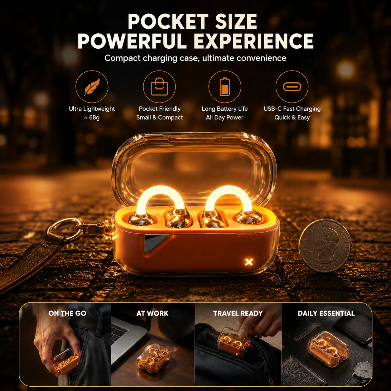 Dmooster D22 Wireless Bluetooth Clip-on Open Ear Glow Headphones, HiFi Stereo Sports Earbuds, Comfortable Ear Hook Earphones