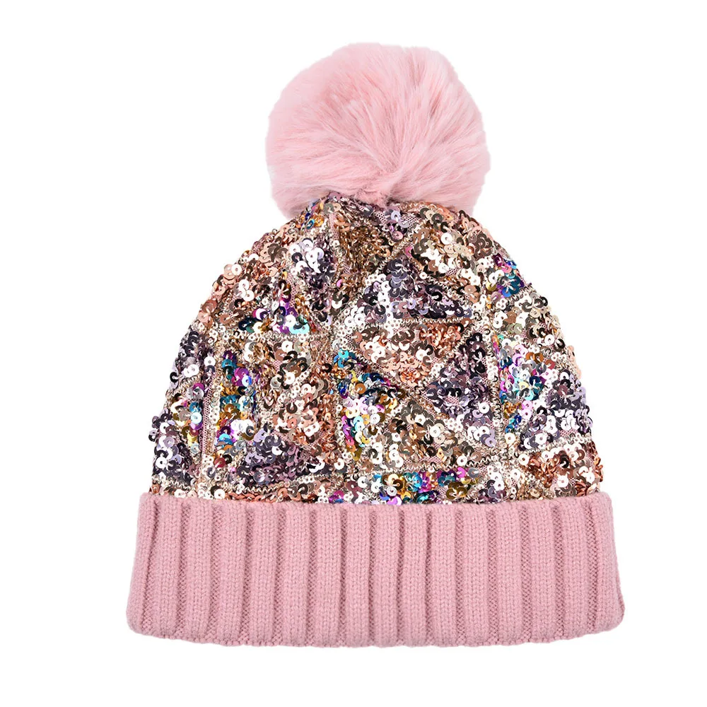 Shiny Sequins Knitted Beanies Hat for Women Girls Autumn Winter Thickened Warm Skullies Hat with Pom Pom Ear Protection Caps