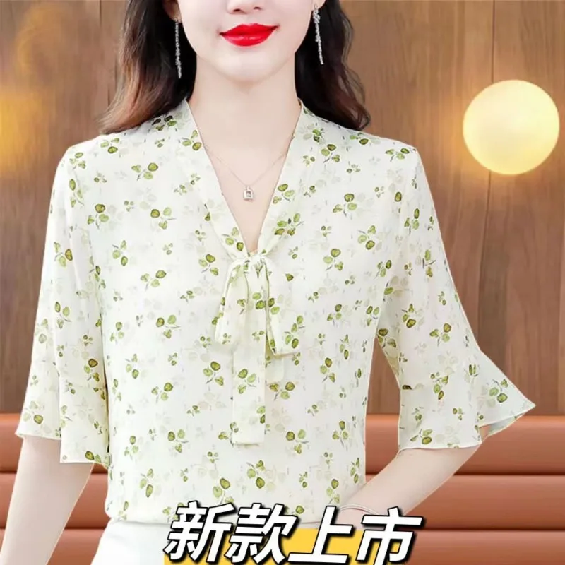 

Summer New Arrival Floral Chiffon Blouse Women's Elegant Versatile Loose Bow Tie Top