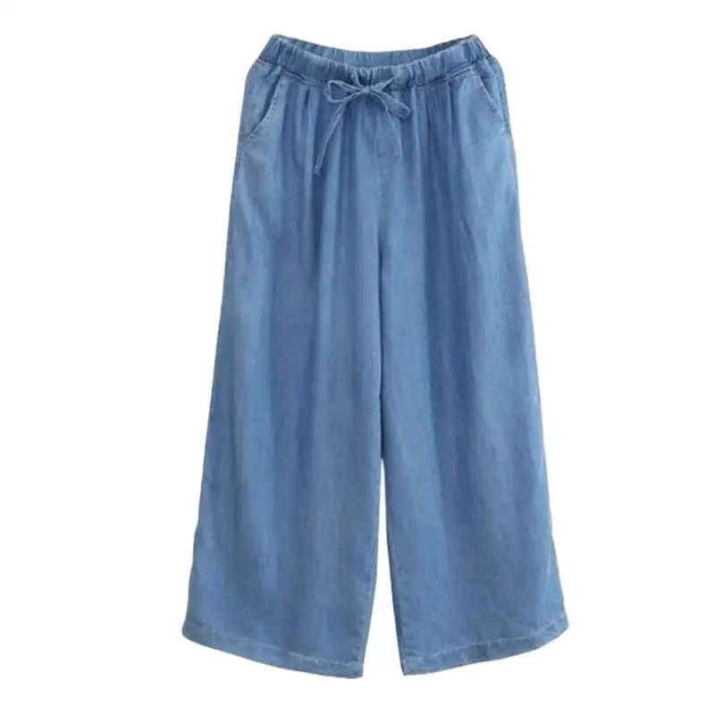 Summer Autumn High Waist Wide Leg Denim Pants for Women Casual Loose Drawstring Jeans Plus Size Fashion Trousers
