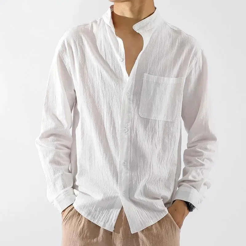 Camisa de manga larga con cuello levantado para hombre, abrigo suelto, Tops, informal, cómodo, blanco y negro, moda fina, Primavera