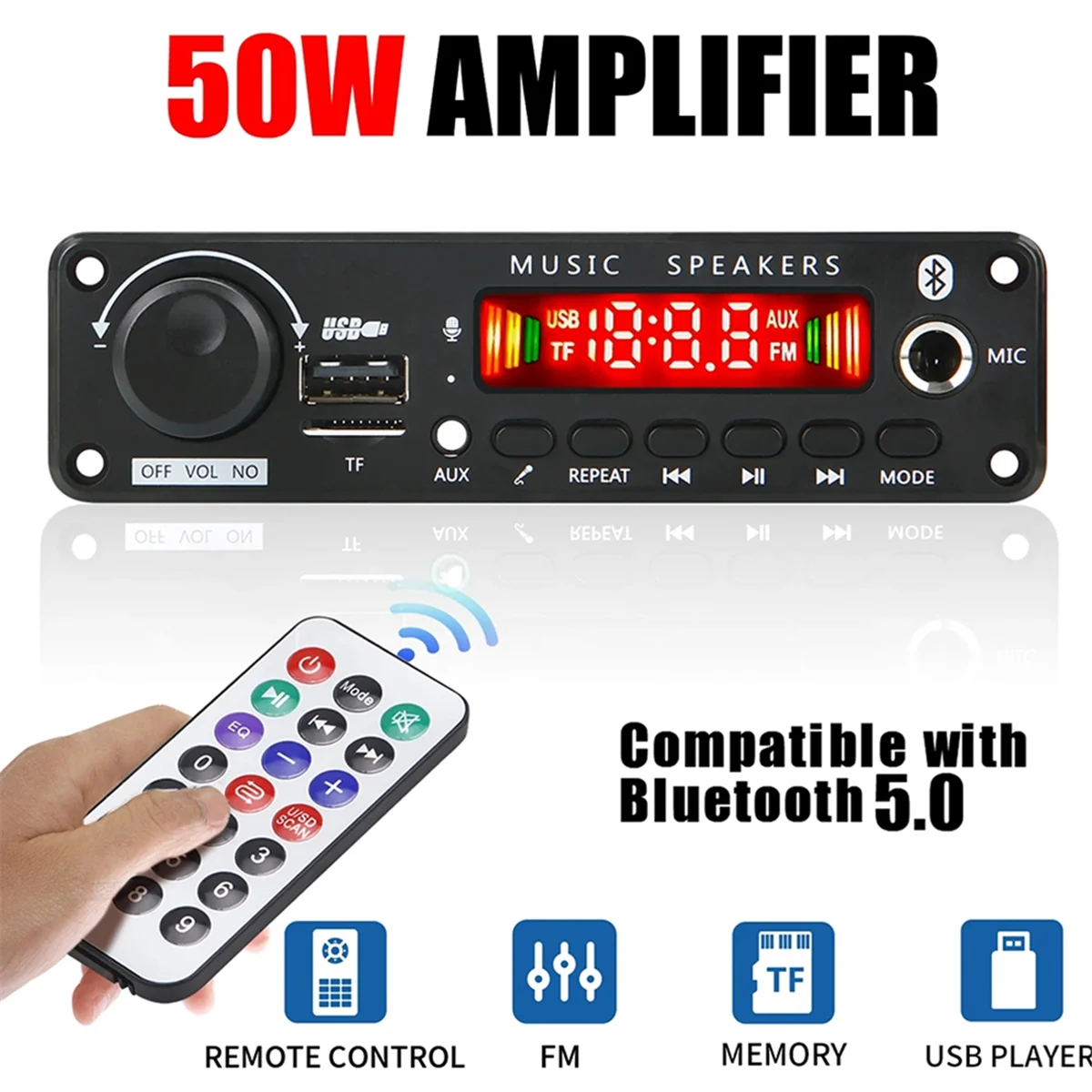 New DC 12V 50W Amplifier Bluetooth 5.0 MP3 Player Decoder Board FM Radio TF USB 3.5mm AUX Module Bluetooth Receiver Car Kit