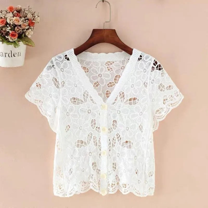 Summer Solid Color Women\'s Clothing V-Neck Short Sleeve Hook Flower Hollow Button Up Cardigan T-shirt Office Lady Hole Tops