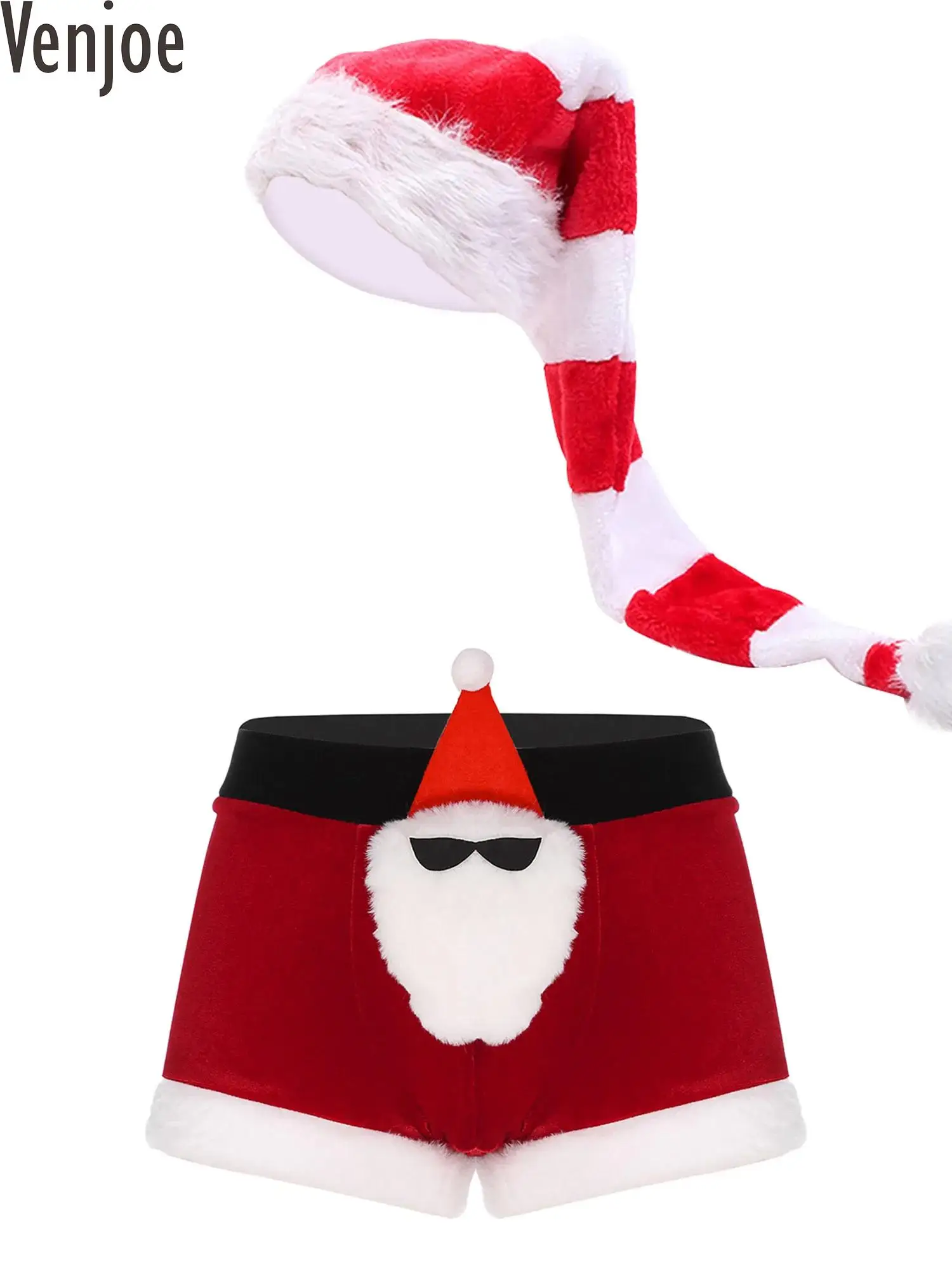 Ensemble de olympiques de lingerie de Noël pour hommes, caleçons taille basse, shorts du Père Noël avec chapeau rayé en canne bonbon, vêtements de nuit de Noël et du Nouvel An