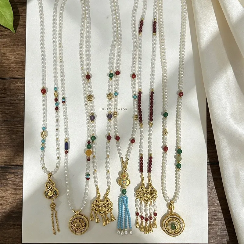Freshwater pearl adjustable transfer gourd compass peace button pendant sweater chain.