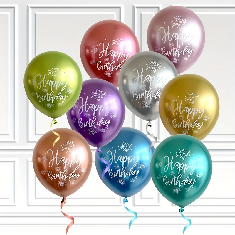 10pcs Birthday Balloons Happy Birthday Printed Pattern Baby Shower Chrome Latex Balloon Metal Birthday Party Decorations Globos