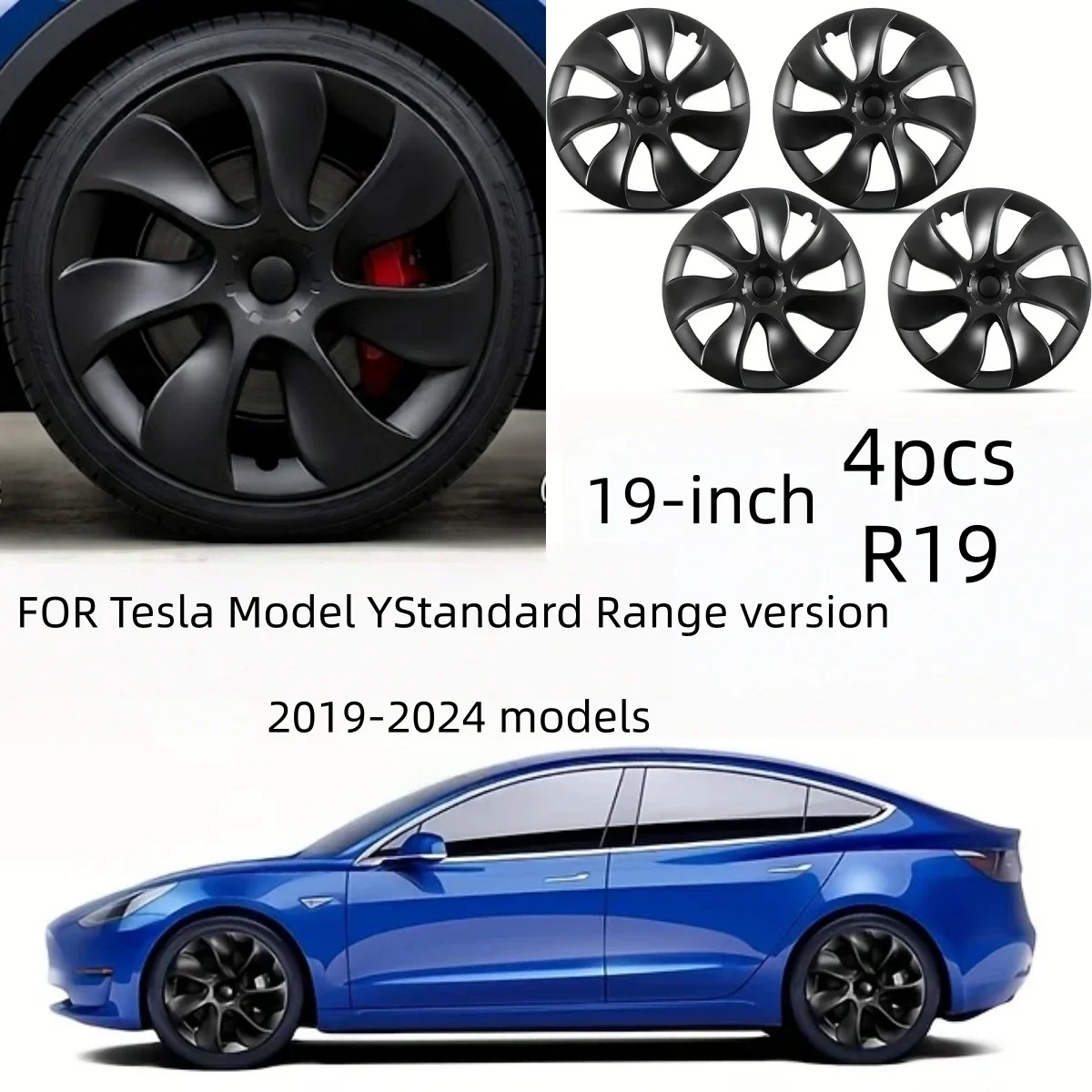 Juego de 4 Tapacubos de 19 Pulgadas para Modelo Y 2020-2024, Cubierta de Rueda Simétrica Tipo Turbina, Negro Mate, Protector de Llanta Completa, Accesorios Exteriores para Auto