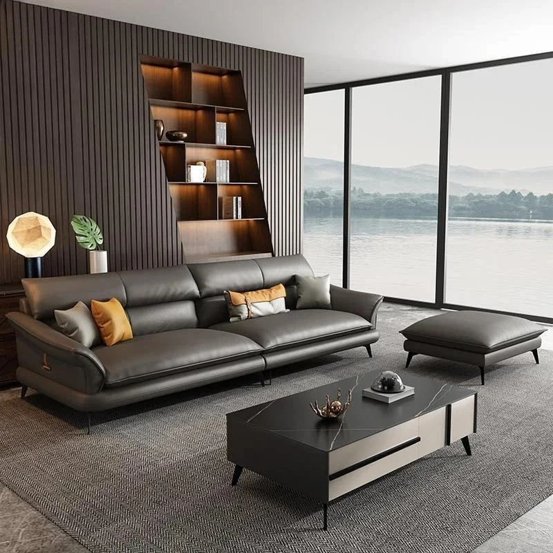 

Minimalist Simple Modern Cowhide Nordic Style Italian Small Apartment Living Room Leather Sofa Combination