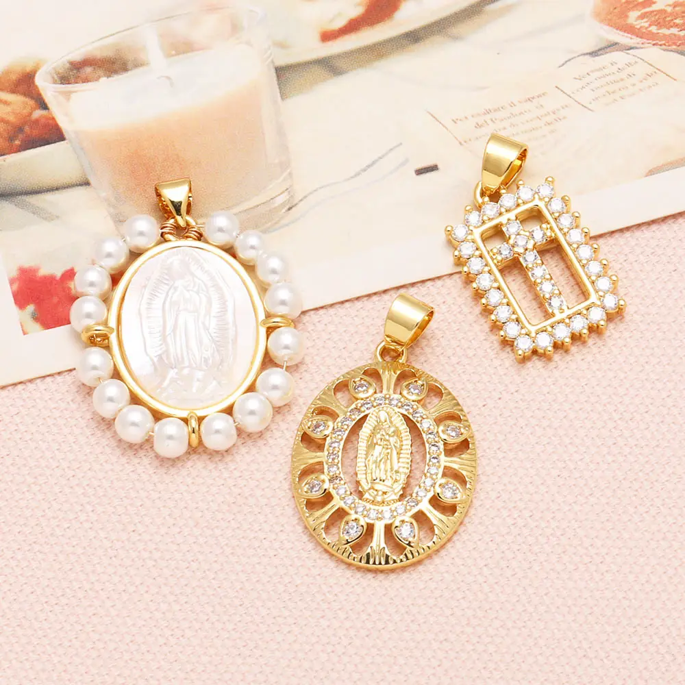 OCESRIO Fashion Beads Resin Virgin Mary Pendant for Necklaces Copper Gold Plated CZ Crucifix Jewelry Making Component pdtb693