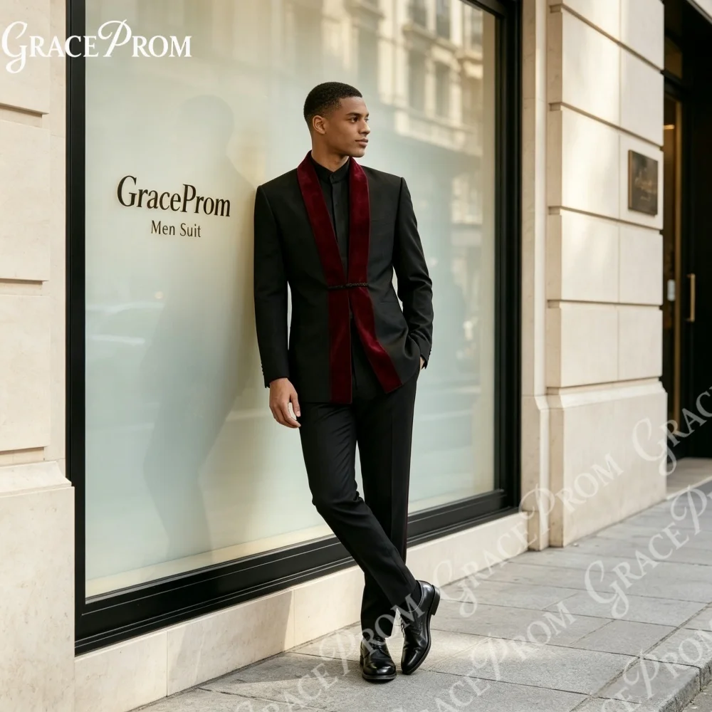 Men Black Tuxedo 2pcs Set Burgundy Velvet Peak Lapel Blazer Slim Pants 2026 Waist Buckle Tailored Fit For Wedding Prom Party