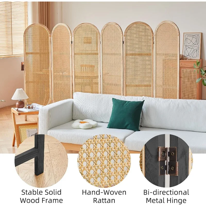 6 Panels Room Divider, Foldable Wooden Room Divider, Individual Privacy Screen Made of Hand-Woven Rattan, Portable Wall Divider