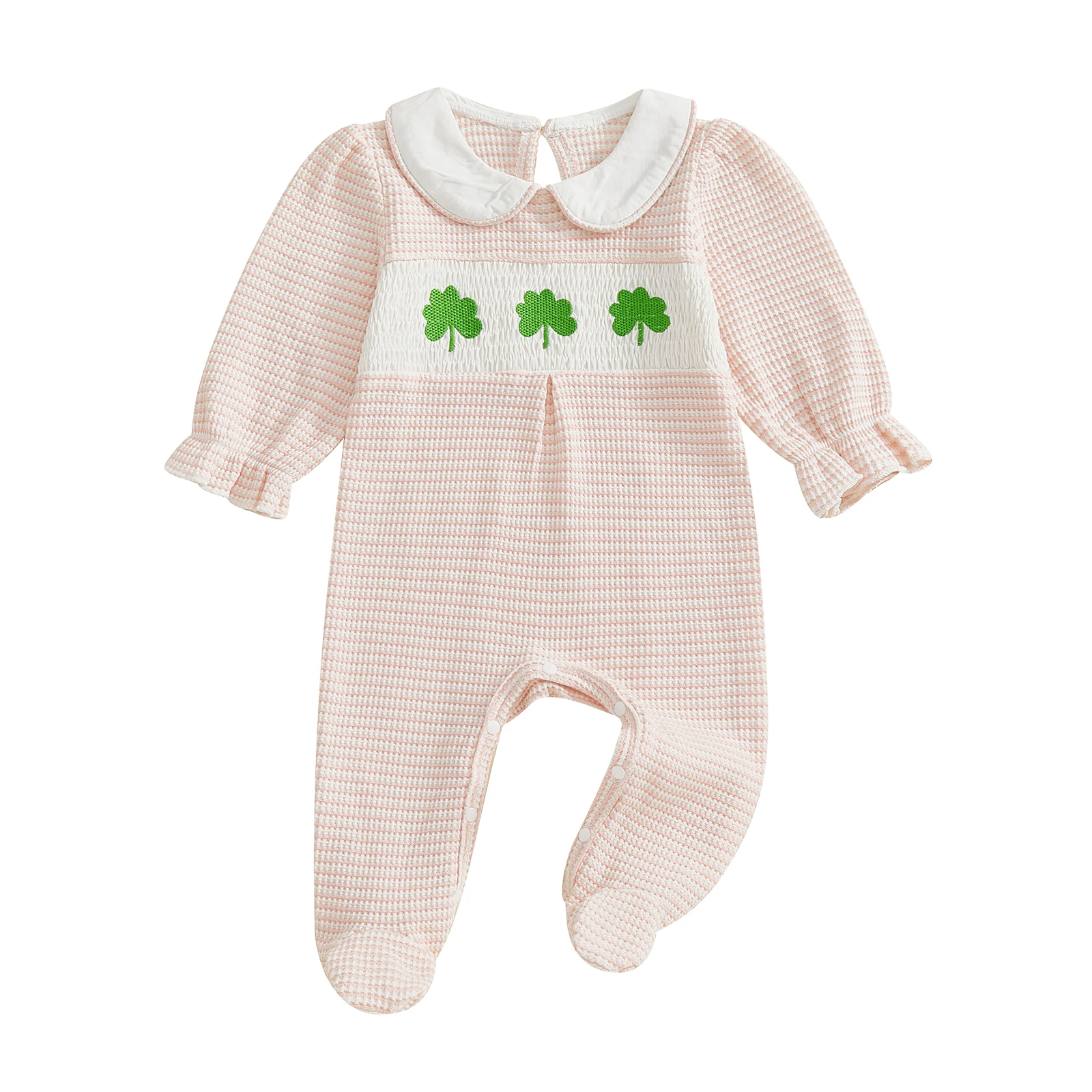 Adorables mamelucos para niña con mangas con volantes y bordado floral Mono con patas de primavera de algodón suave en rayas pastel