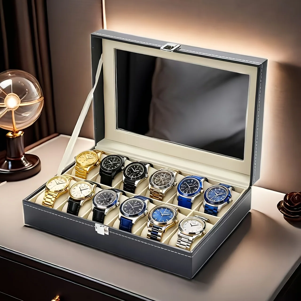 

Vintage Watch Storage Masterpiece with Transparent Glass Window, Exquisitely Designed with a Wrist Pillow,Perfect Decorative