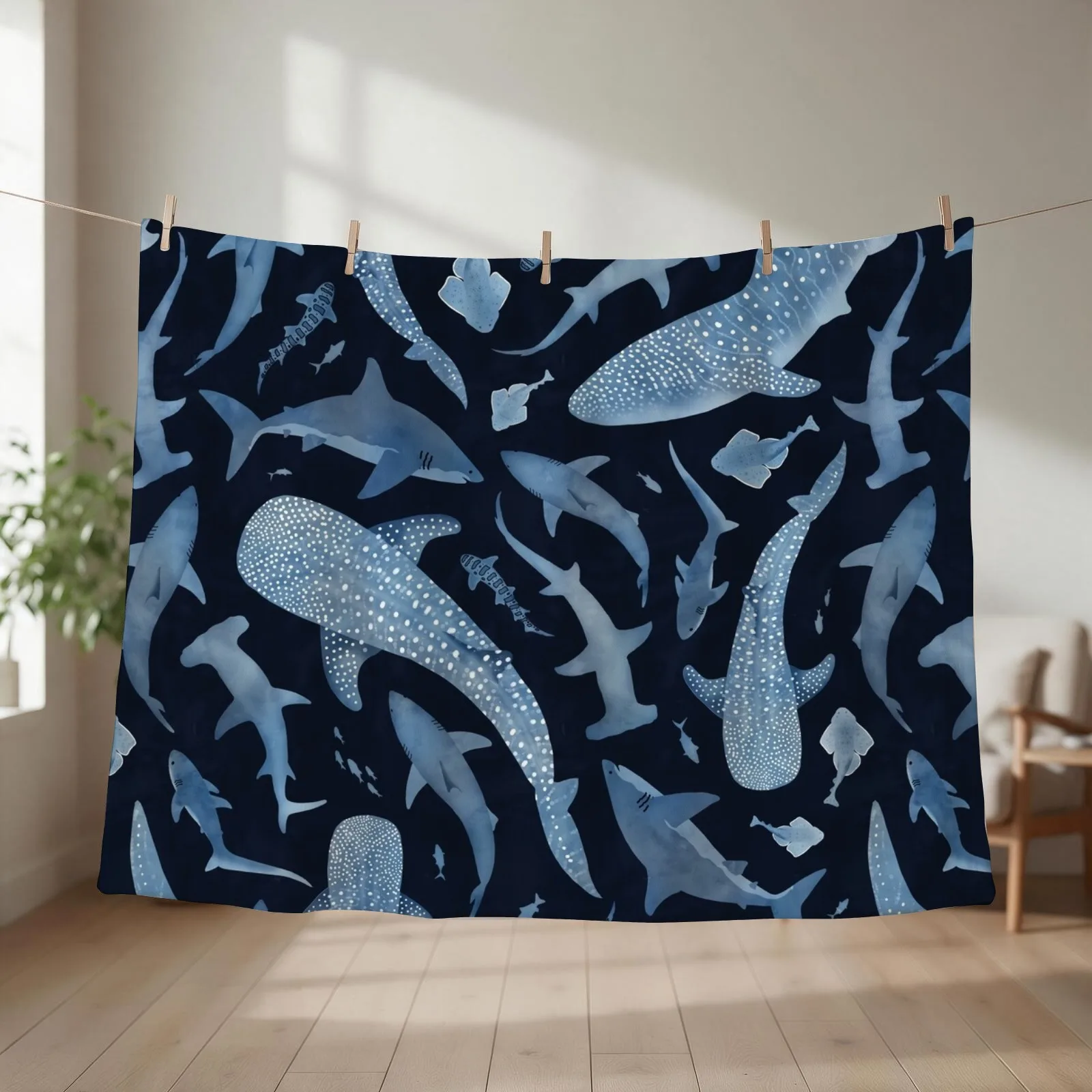 Monochrome blue watercolour shark ocean on black Throw Blanket Polar Tourist Soft Beds Weighted Blankets