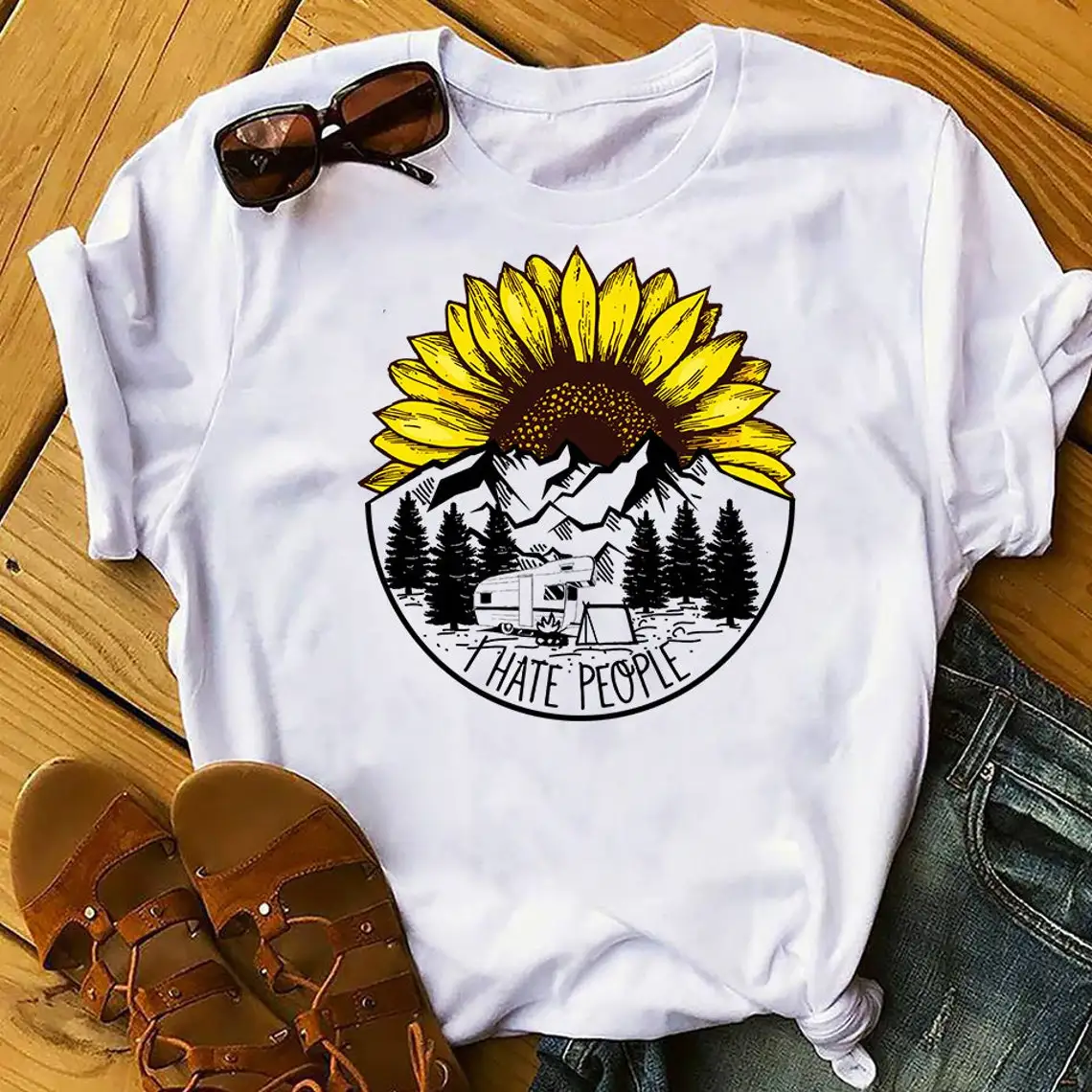 

colored i hate people sunflower tshirt vintage women short sleeve graphic Camping tee shirt