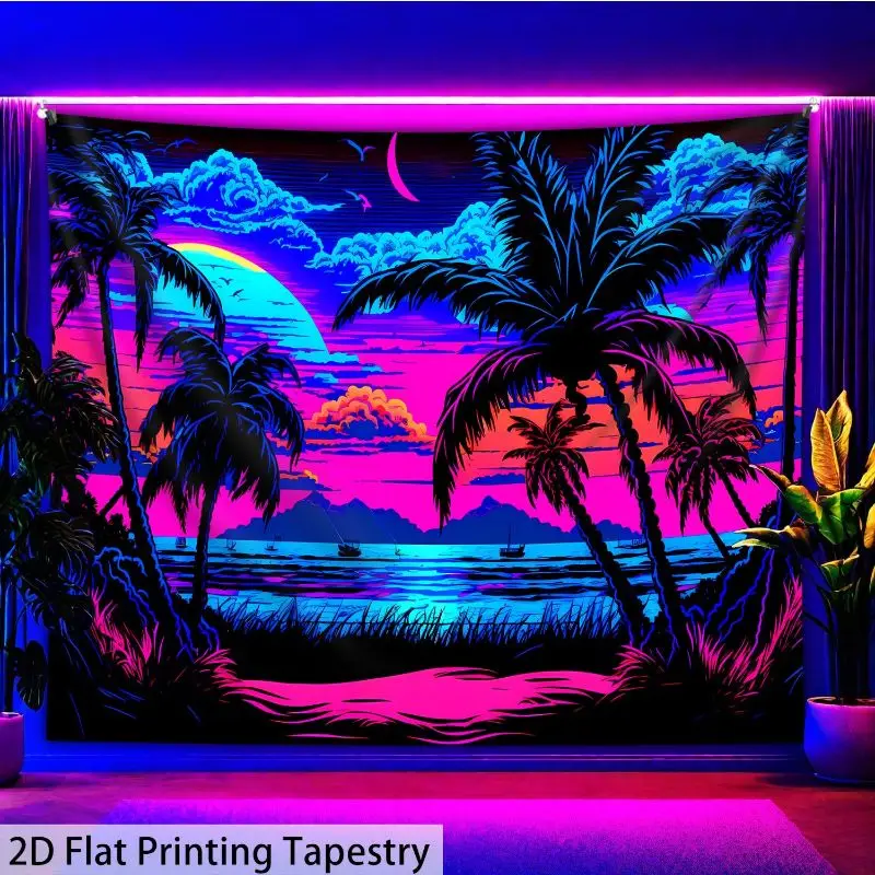 Retro Beach Palm Tree Tapestry Neon Ocean Sunset Polyester Wall Hanging UV Reactive Synthwave Aesthetic Bedroom Dorm Home Decor
