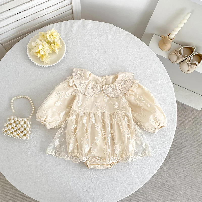 Baby-Mädchen-Strampler aus Spitze, langärmelig, mit Stickerei, Peter-Pan-Kragen, Body, Neugeborenen-Overall, beige, Geburtstags-Foto-Outfit, 0-24 Monate – Detail 6