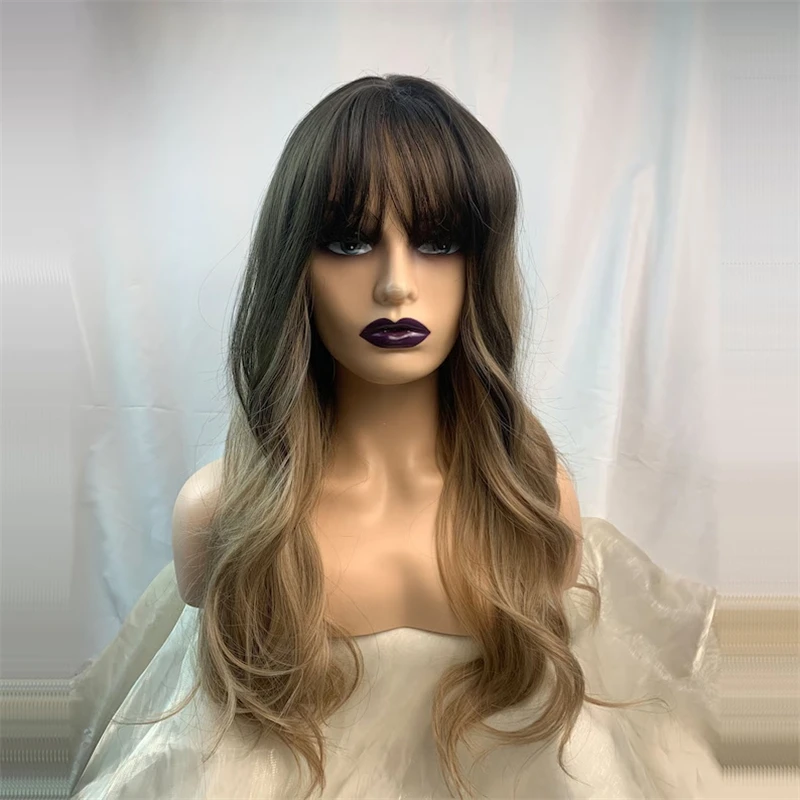 

Высококачественный синтетический парик Ombre Коричневый блондин Парик фронта шнурка с челкой Мягкий парик с естественной волной Человеческие волосы Синтетическое смешанное волокно