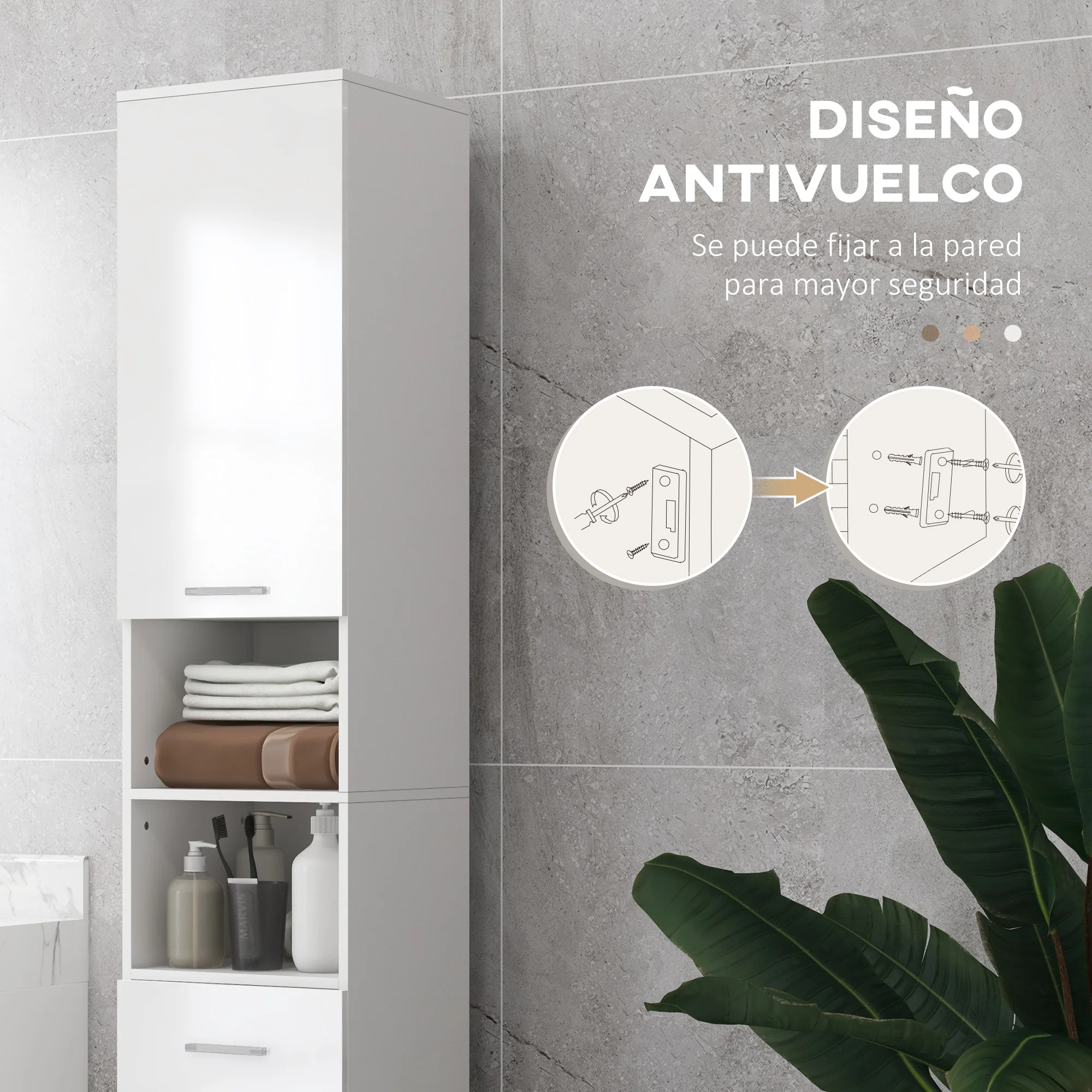 Mueble Auxiliar de Baño Moderno, Armario de Baño con 1 Cajón Ajustable en 3 Posiciones y 2 Armarios de 30x30x cm, Blanco Brillante