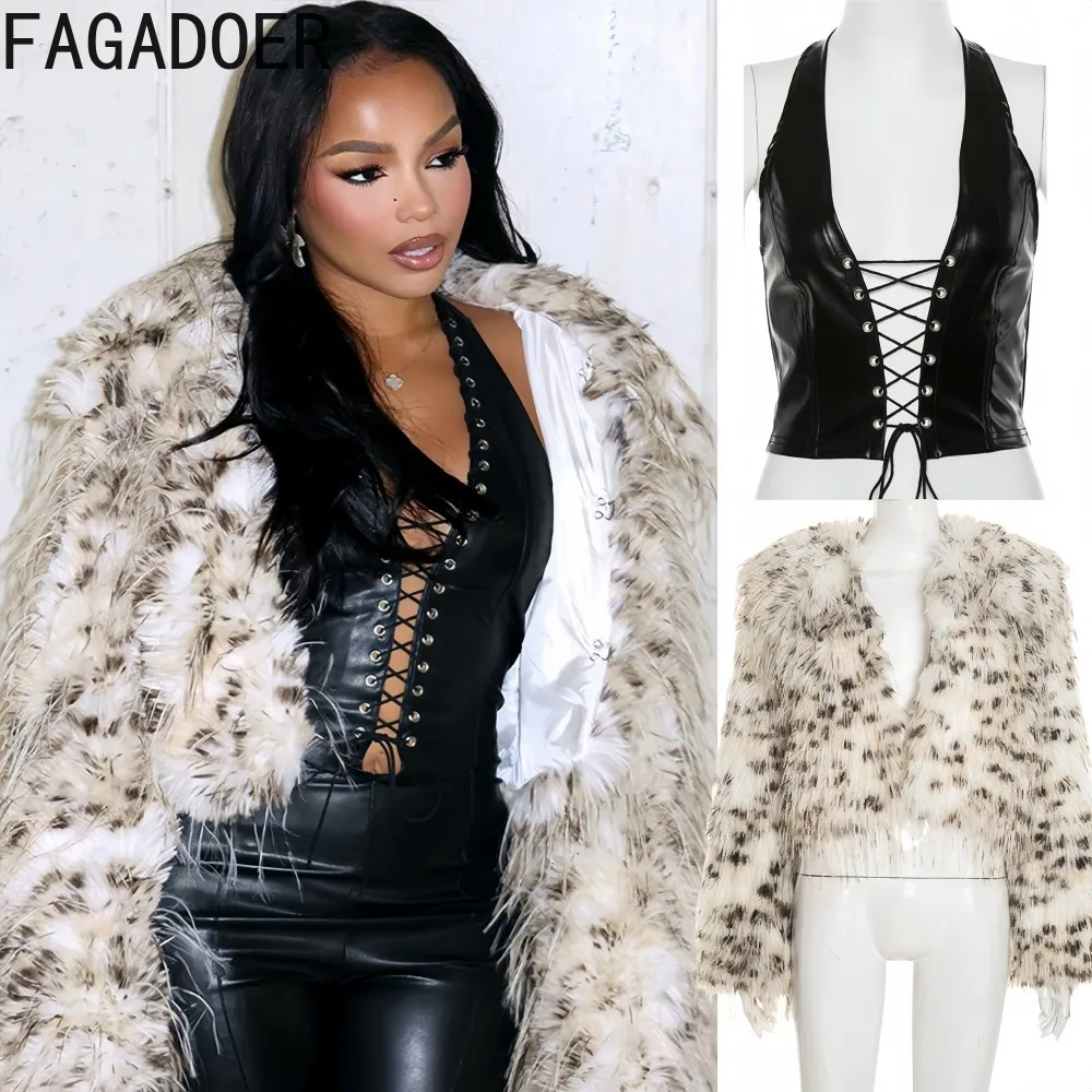 

FAGADOER, новое зимнее сексуальное облегающее пальто с леопардовым принтом, женская меховая лоскутная куртка с длинными рукавами, женская уличная одежда Y2K, 2025