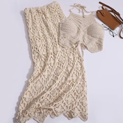 Sexy Halter Vest + Skirt 2 Piece Set Women Summer Seaside Holiday Style Wear Vintage Crochets Hollowed-out Long Skirts