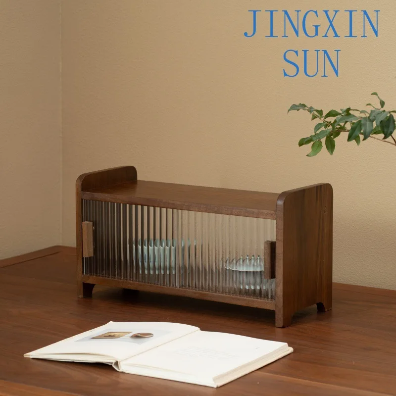 Solid wood desktop storage cabinet, double-layer water cup rack, dustproof tea set, water cup sundries sorting storage rack whol