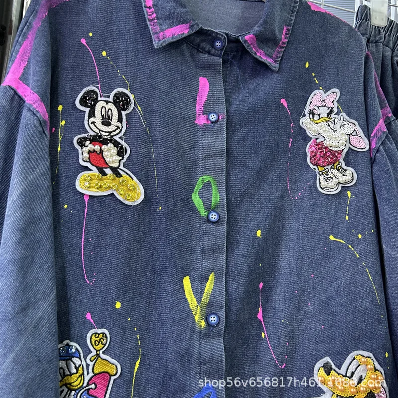 شعبية تصميم المطبوعة الجينز دعوى الكرتون فضفاضة طويلة الأكمام الدنيم قميص أعلى مرونة الخصر واسعة الساق السراويل الطويلة قطعتين مجموعة