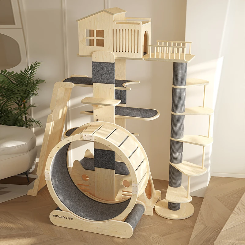 Mehrstufiger Katzenkletterrahmen aus massivem Holz, großer Katzenturm, Kratzbaum, Villa