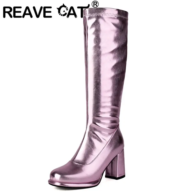 

Сексуальные женские сапоги до колена REAVE CAT, блестящие ботильоны с круглым носком на массивном каблуке 8 см, 47, 48, 49, модные блестящие ботильоны для свиданий и вечеринок