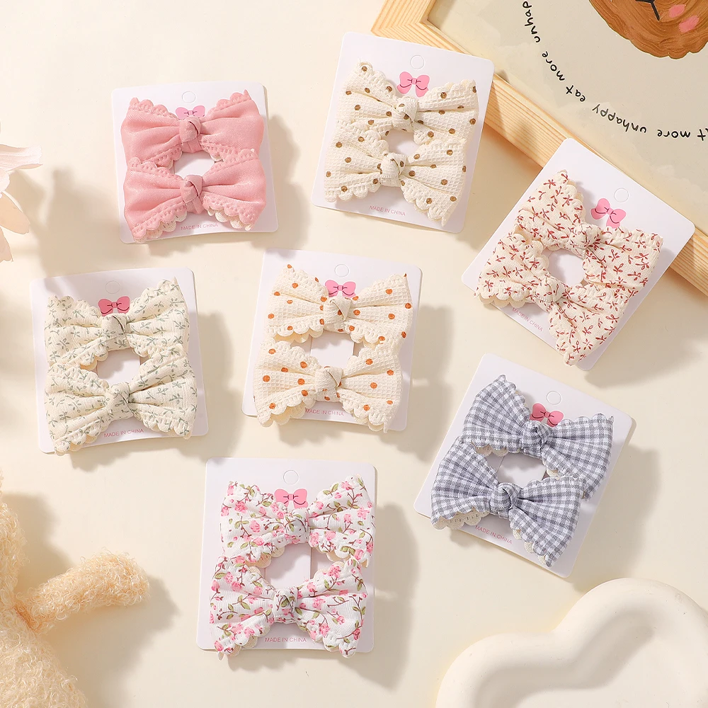 

2pcs/set Cute Cotton Plaid Flower Prints Bow Hair Clips Baby Girls Summer Bowknot Hairgrips Barrettes Headwear Hair Accessories