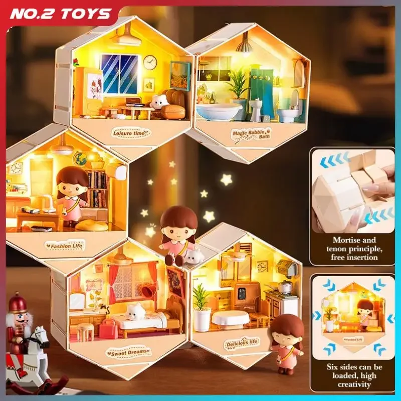 DIY Miniaturhaus Kit Simulierte Möbel Zimmer Mini Cottage Spielzeug für Mädchen Handgemachtes Kunsthaus Szene Spielzeug mit LED-Licht Dekor