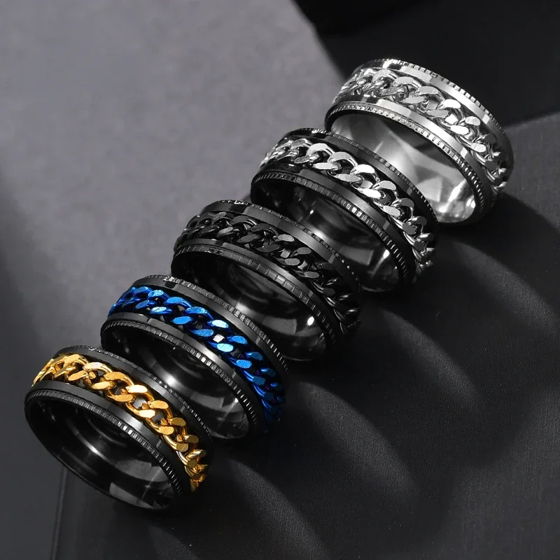 Punk 8mm Spinner Chain Men Rotatable Ring Black Blue Stainless Steel Rotatable Cool Jewelry Party Gift 2022 New Style Rotatable