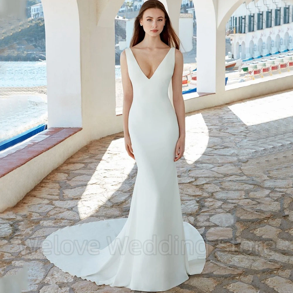 Semplice abito da sposa senza maniche a sirena Sexy scollo a v profondo e illusione Applique abiti in Tulle per matrimonio nuziale civile