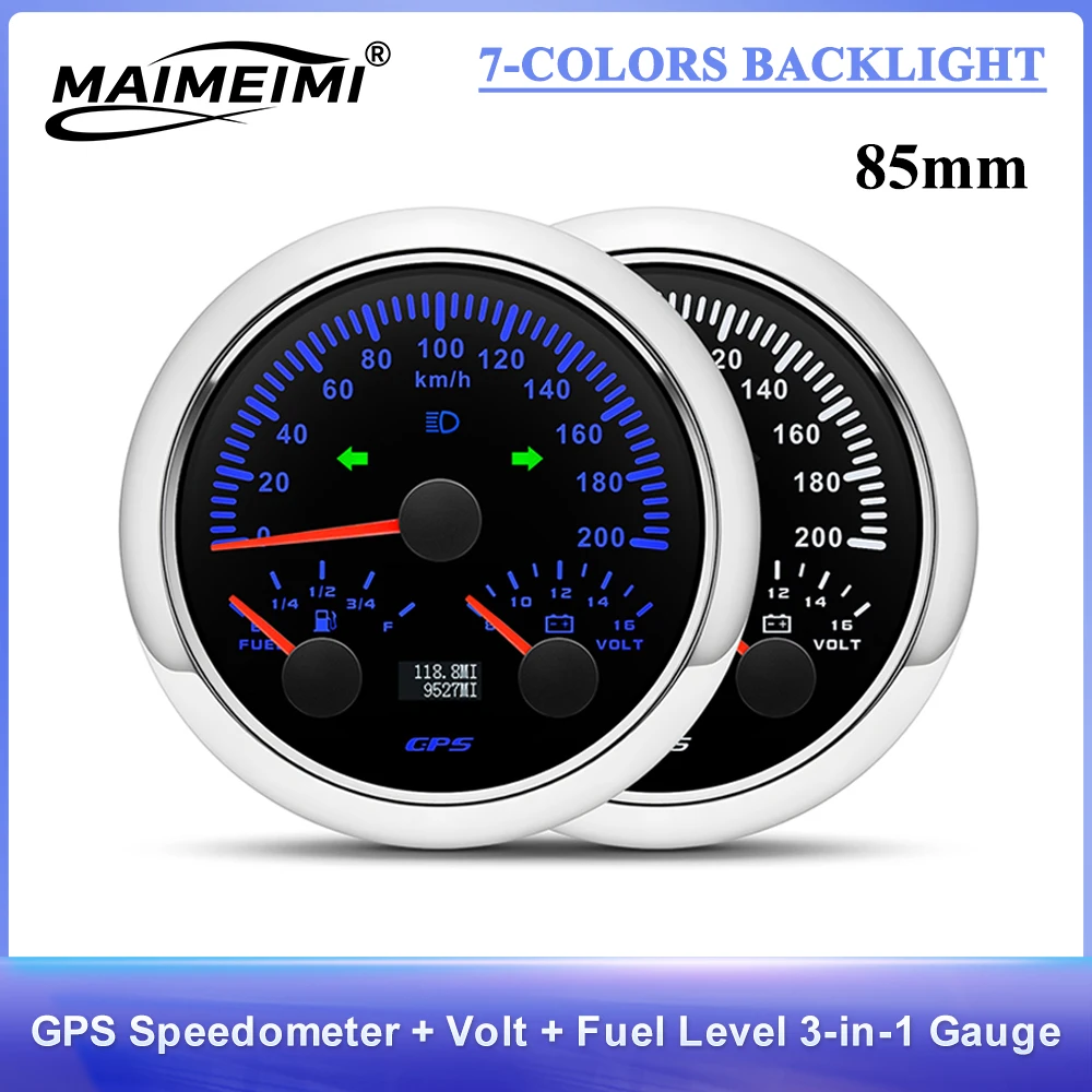 

85mm 3 IN 1 Multifunctional Meter For 12V 24V Marine Boat Truck Car Voltage+Fuel Level+GPS Speedmeter 0-200KMH Speed Gauge Volts