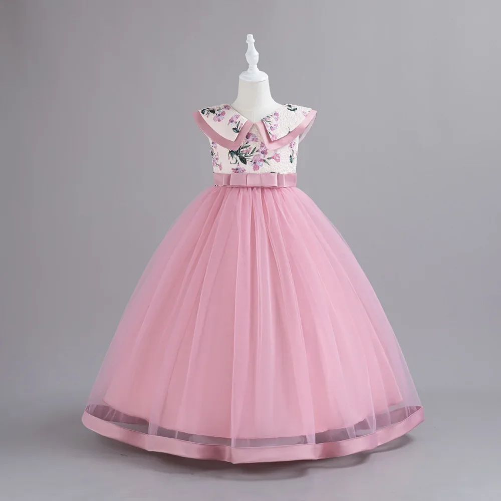 

Kids Floral Printed Dress Children Contrast Trim Bow Accented Waist Full Tulle Gown Children Satin Edged Hem Skirt Girl Dress