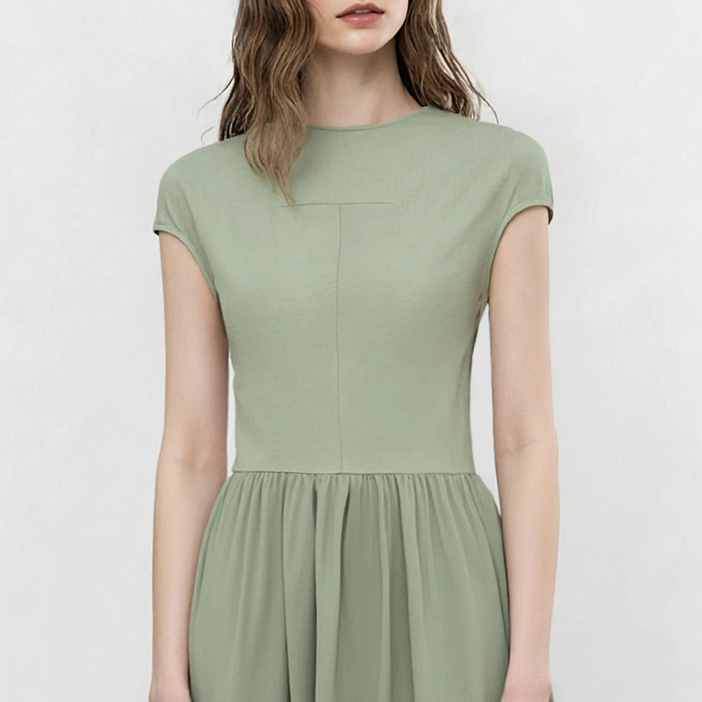 Women's Chiffon Patchwork Midi Dress - Round Neck Short Sleeve