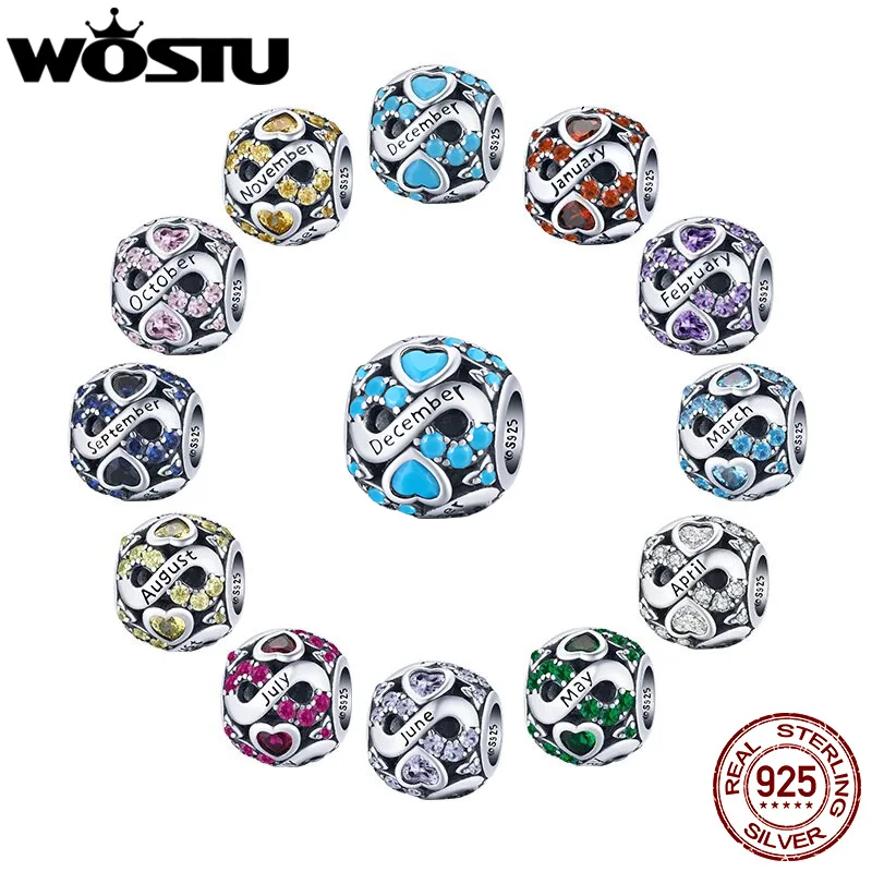 WOSTU Real 925 Sterling Silver Infinite Love Birthstone Colorful Zircon Round Charm Fit Original Bracelet Authentic Jewelry Gift