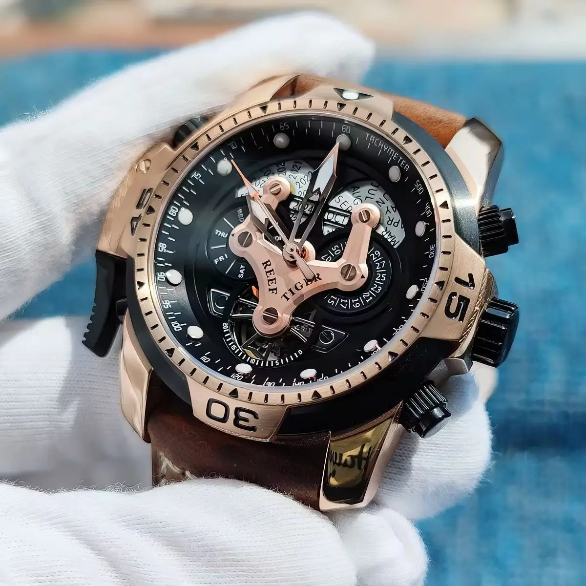 Reef Tiger Men Automatic Watch 46mm Mechanical Wristwatch 100M Waterproof Sapphire Luminous Multi-Dial Year Month Week Date