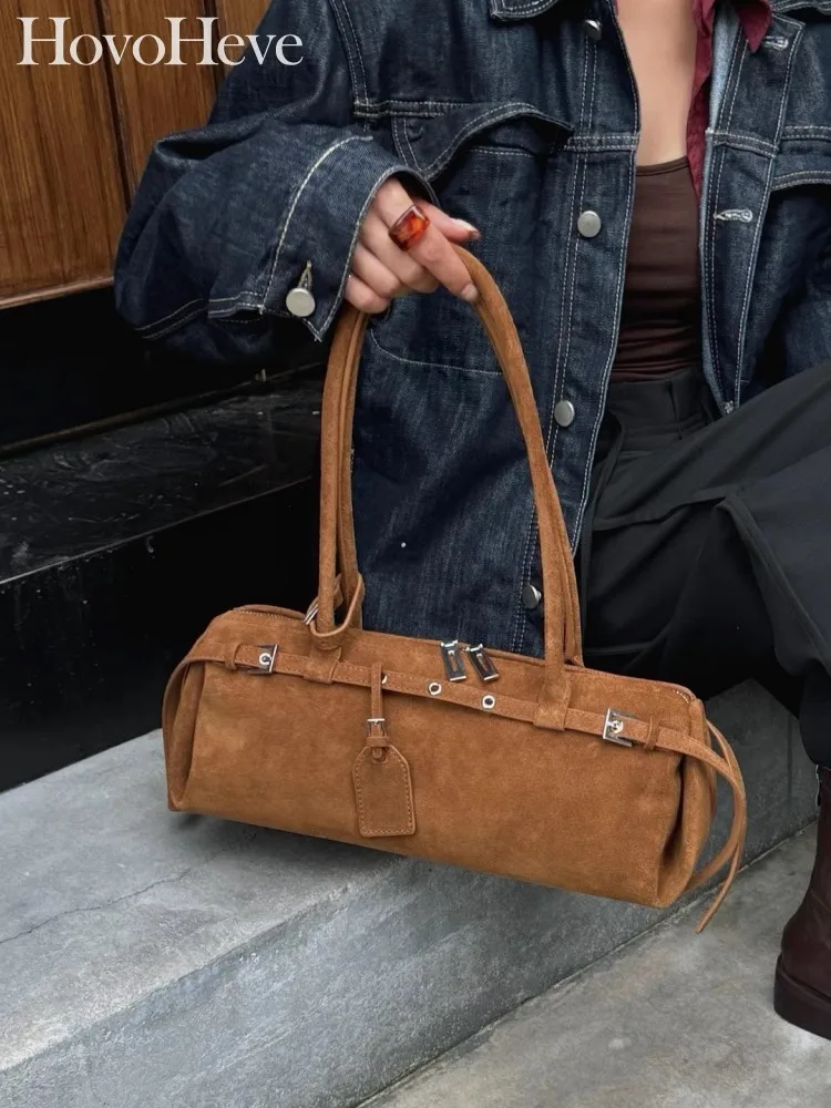 

Women Elegant Office Tote Handbag Cow Suede Leather Single Shoulder Bag Solid Color Zipper Casual Ladies Fashion Underarm Bags