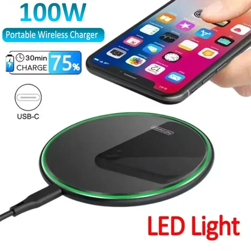 100W Portable Wireless Charger Pad Phone Chargers Fast Charging Station for iPhone 17 16 15 14 13 12 Pro Max Mini Samsung Xiaomi