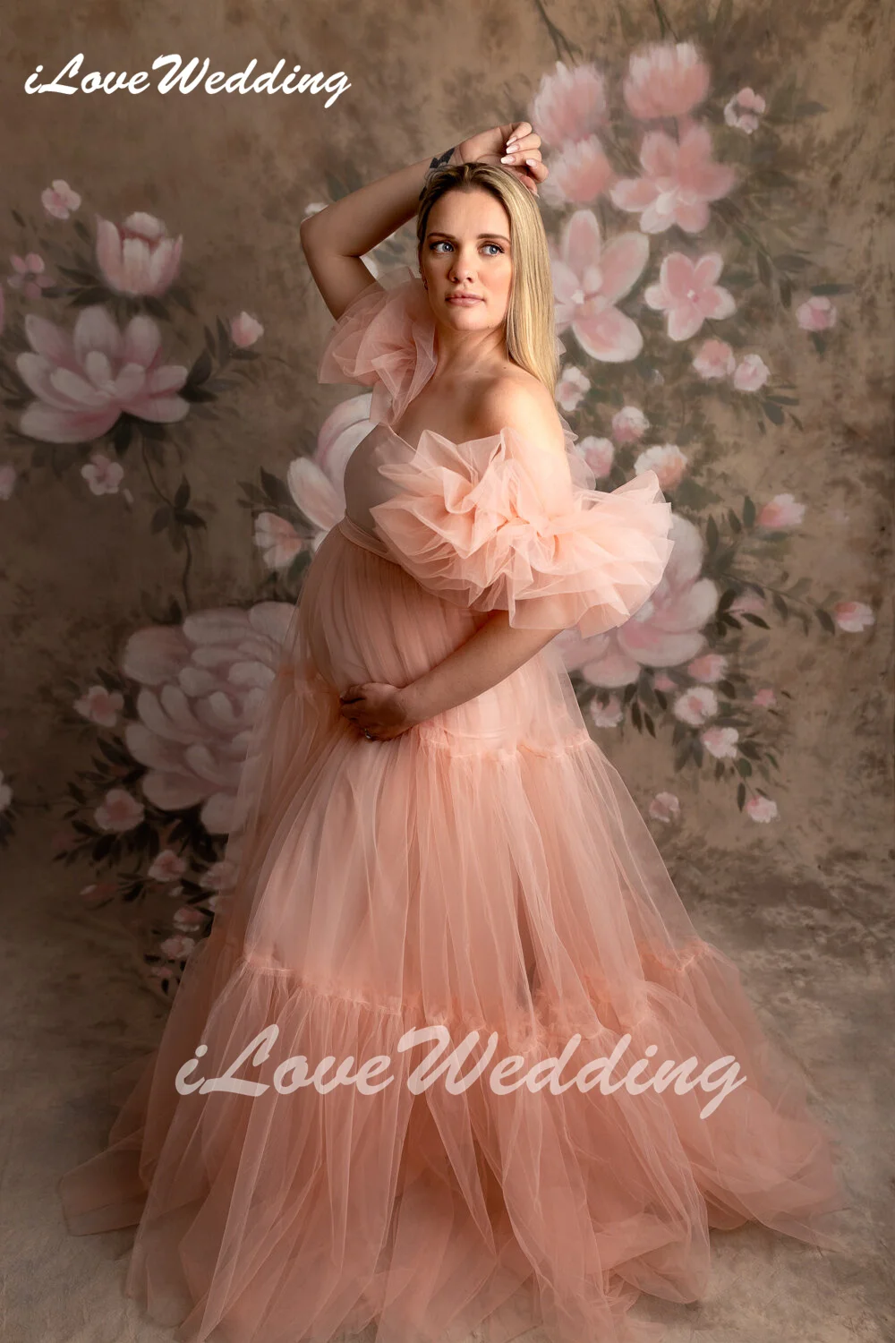 Blush Maternity Dresses A-Line Square Collar Tiered Pregnant Women Gown for Photoshoot Tulle Off Shoulder Pregnancy Babyshower