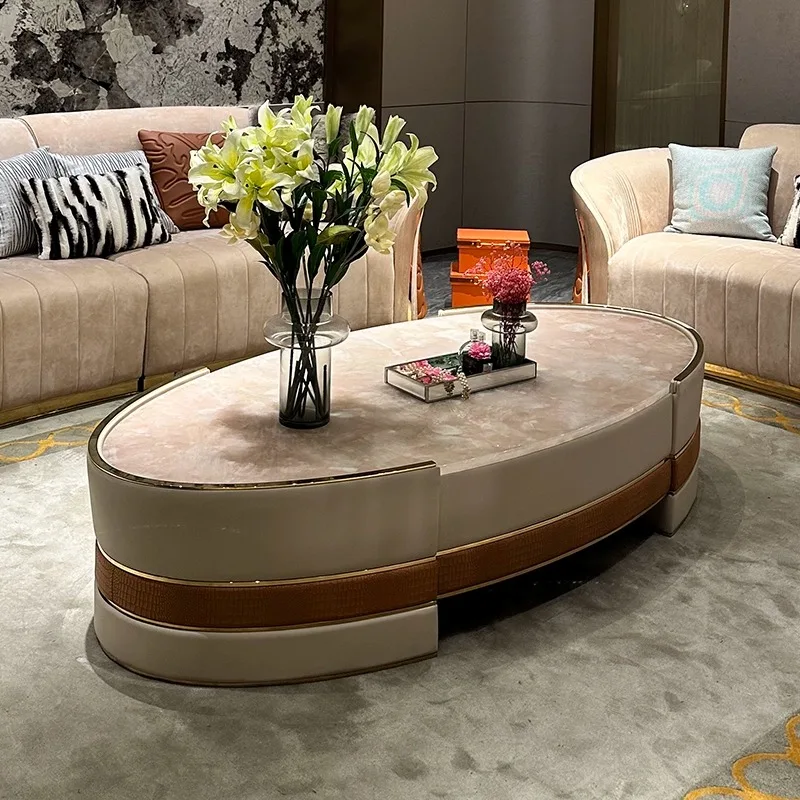 #￥Mr High-end Customized Light Luxury Living Room Coffee Table With Natural Luxury Oval Marble Top for Home Villa Use
